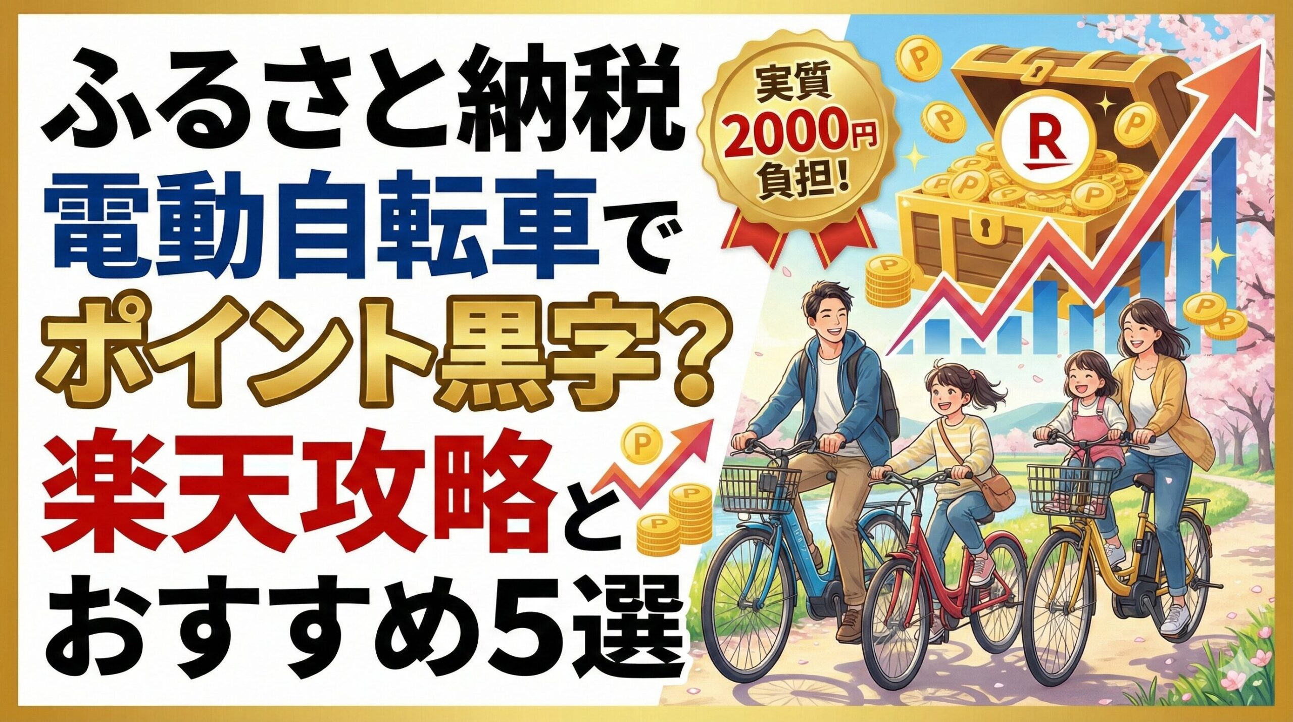 「ふるさと納税 電動自転車でポイント黒字？楽天攻略とおすすめ5選」のアイキャッチ画像。電動自転車と大量の楽天ポイントや金貨をイメージしたイラストで、実質負担2,000円以下で手に入れるお得な節税術とおすすめモデルを表現したサムネイル。