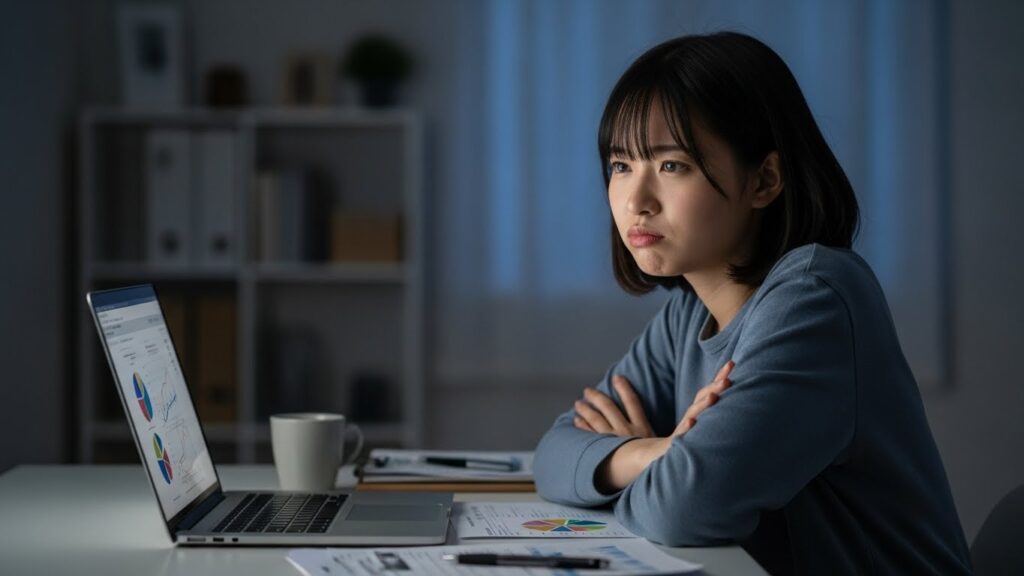 パソコンの前で腕を組み、ふるさと納税の手続きに疑問を感じて悩んでいる日本人男性