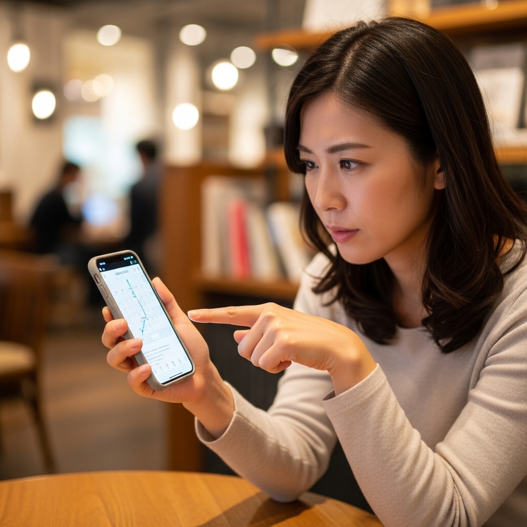 スマートフォンでふるさと納税の申し込み画面を指差し確認し、注意点や配送エリアをチェックする日本人女性