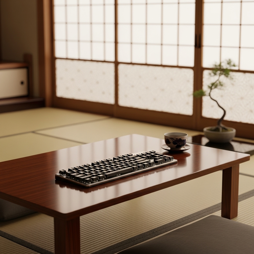 日本家屋の縁側や和室でキーボードを開封するイメージ