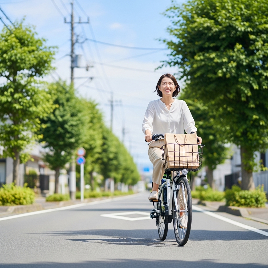 ふるさと納税の返礼品として届いた新しい電動自転車に乗り、日本の美しい住宅街を笑顔で走行する日本人女性、節税と生活の質向上を象徴する明るいイメージ