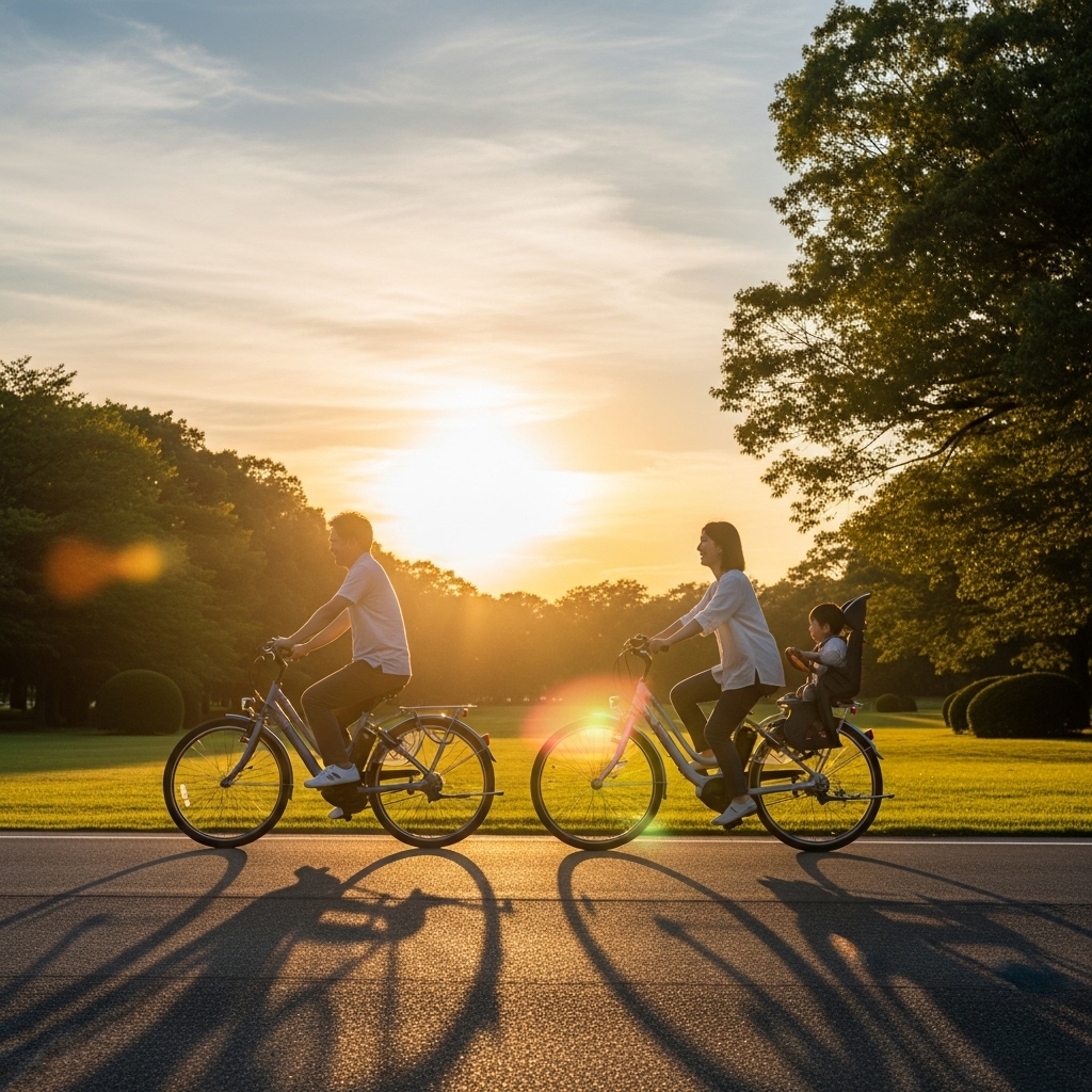夕暮れ時の公園を家族全員で電動自転車に乗って走るシルエット、ふるさと納税で手に入れた豊かなライフスタイル