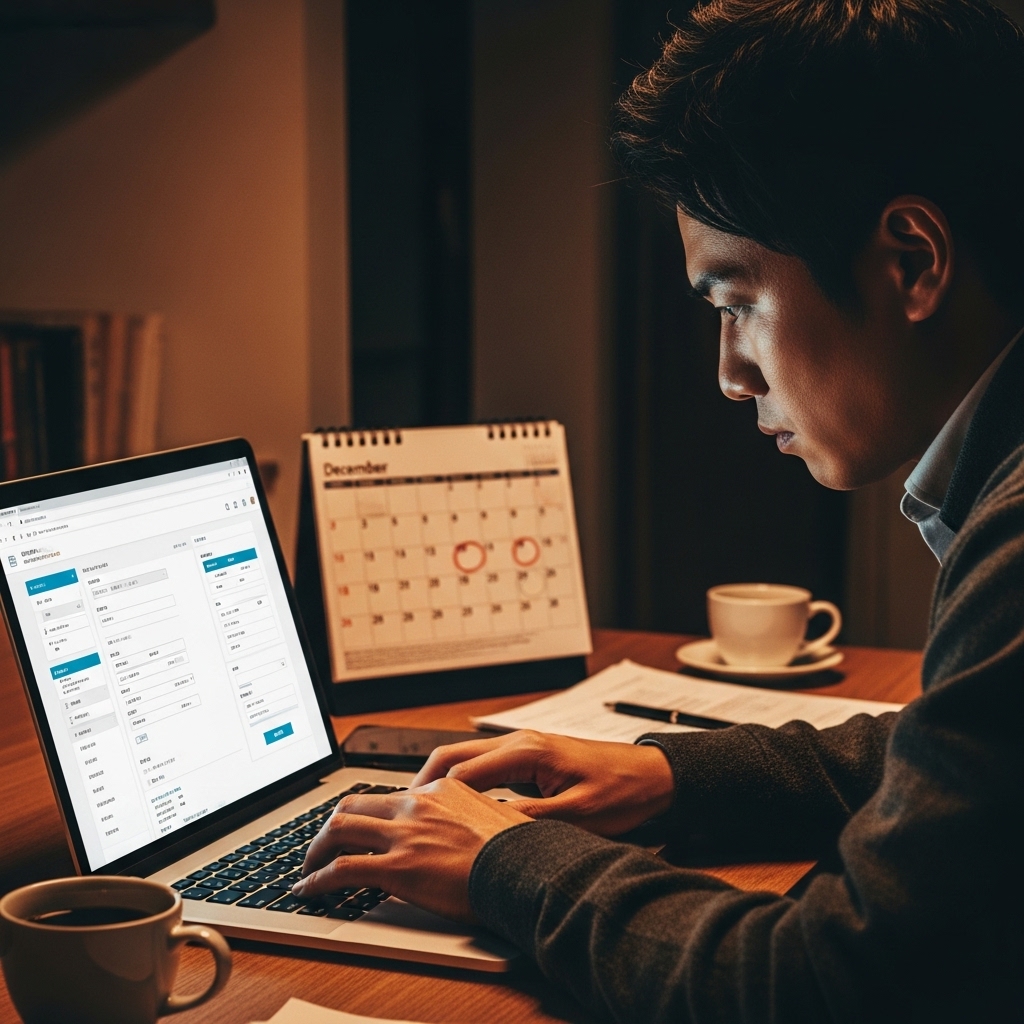 年末のカレンダーが置かれたデスクで、日本人が真剣な表情でパソコンに向かい、オンライン手続きをしている様子の写真。