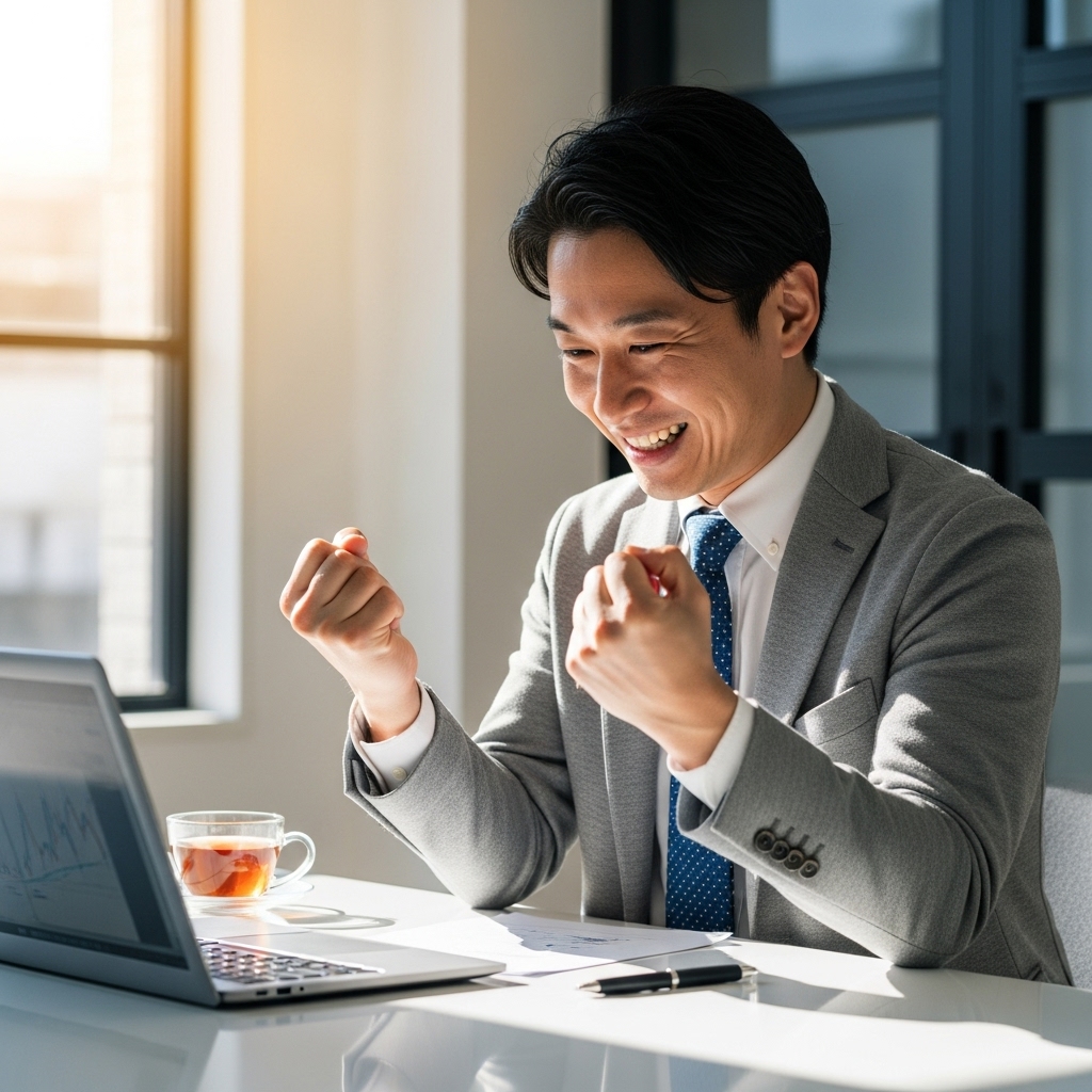 パソコン画面を見て解決策を見つけ、自信に満ちた笑顔を見せる日本人男性