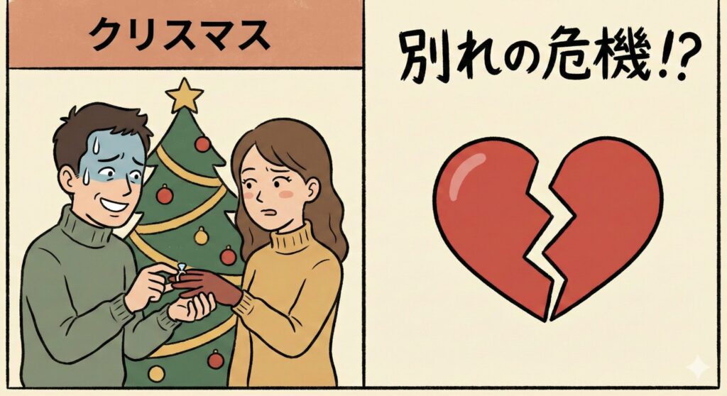 クリスマスに指輪のサイズが合わず気まずい雰囲気のカップルと、破局の危機を示すイラスト図解