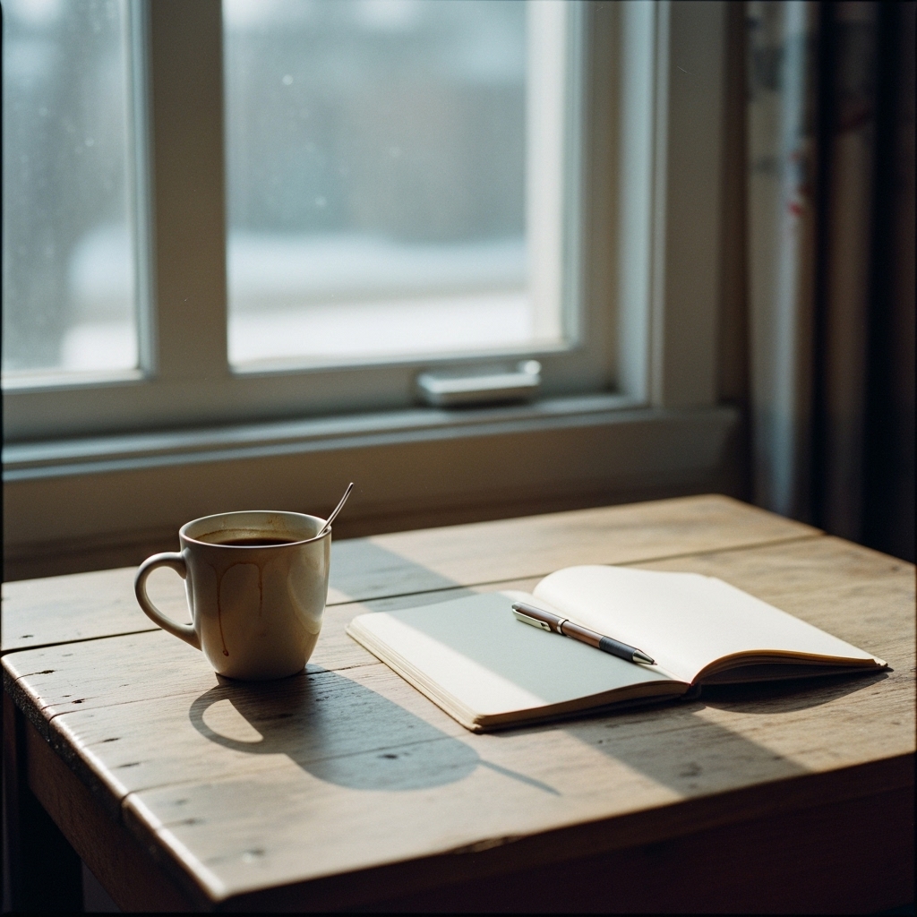 冬の午後の窓辺に置かれた、飲みかけのコーヒーカップと手帳の静物写真