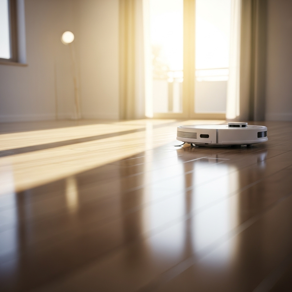 フローリングの上を掃除する最新のロボット掃除機と明るい光