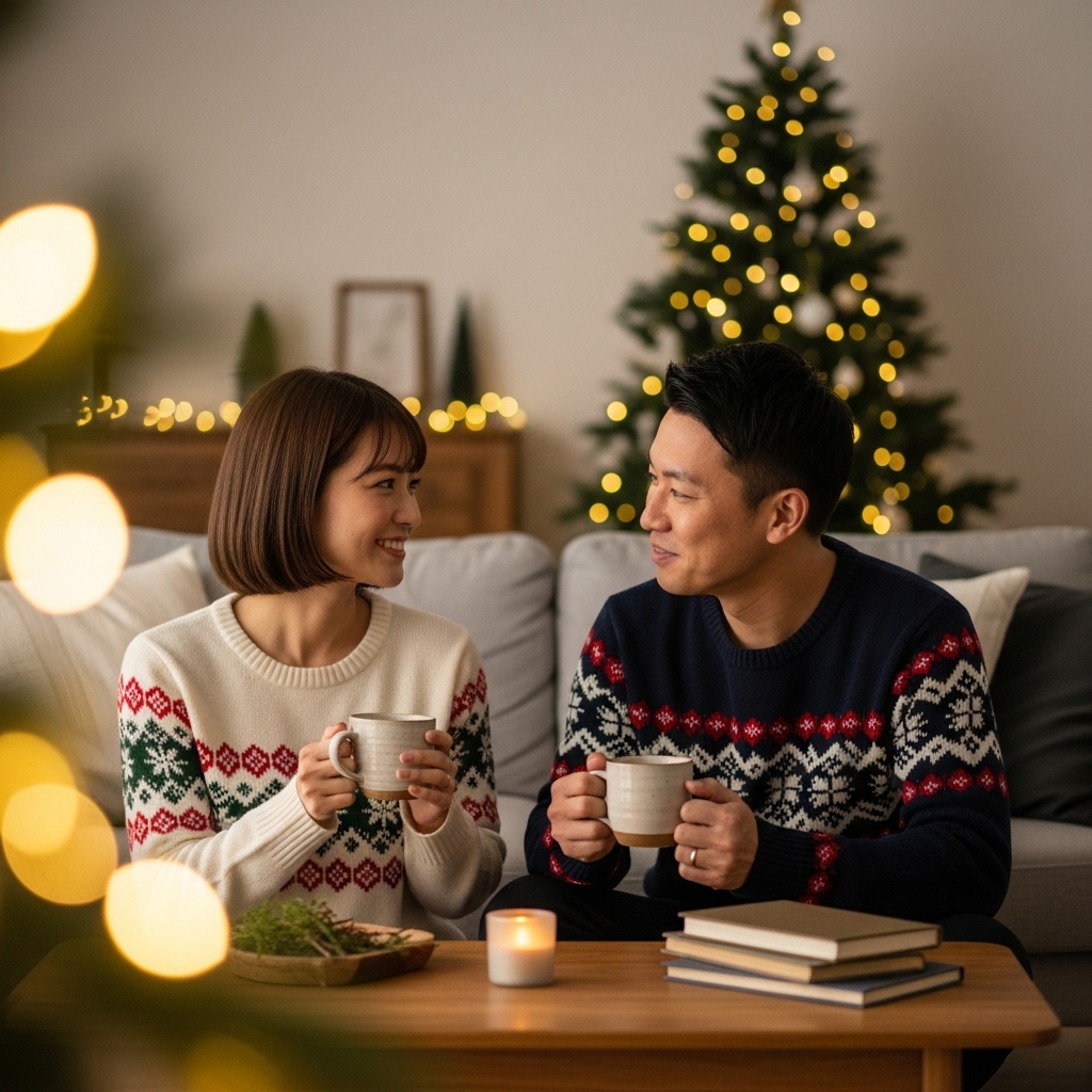 「モノ」ではなく「時間」や「体験」のプレゼントを受け取り、穏やかなクリスマスを過ごす日本人カップル