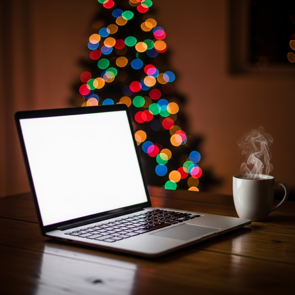 クリスマスプレゼントのリサーチをするためのノートパソコンとコーヒー、背景にクリスマスツリー