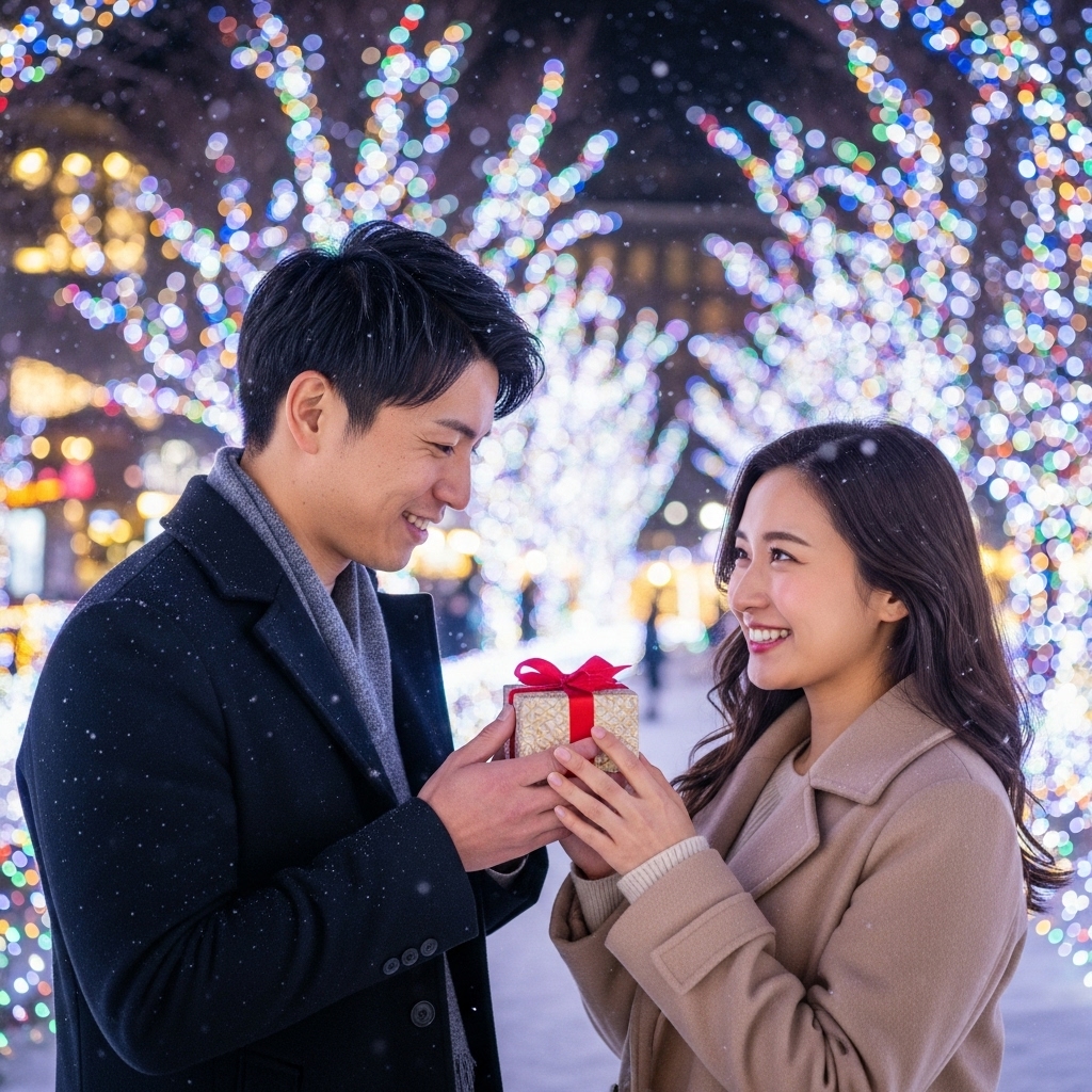 クリスマスイルミネーションの中でプレゼントを持って微笑む日本人カップル