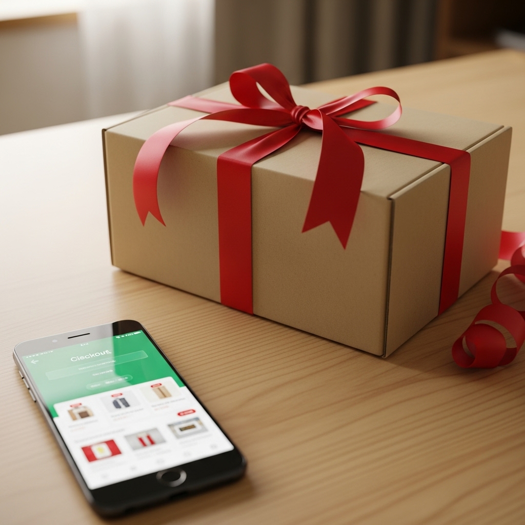 Amazonや楽天などのネット通販で購入した配送箱とクリスマスリボン