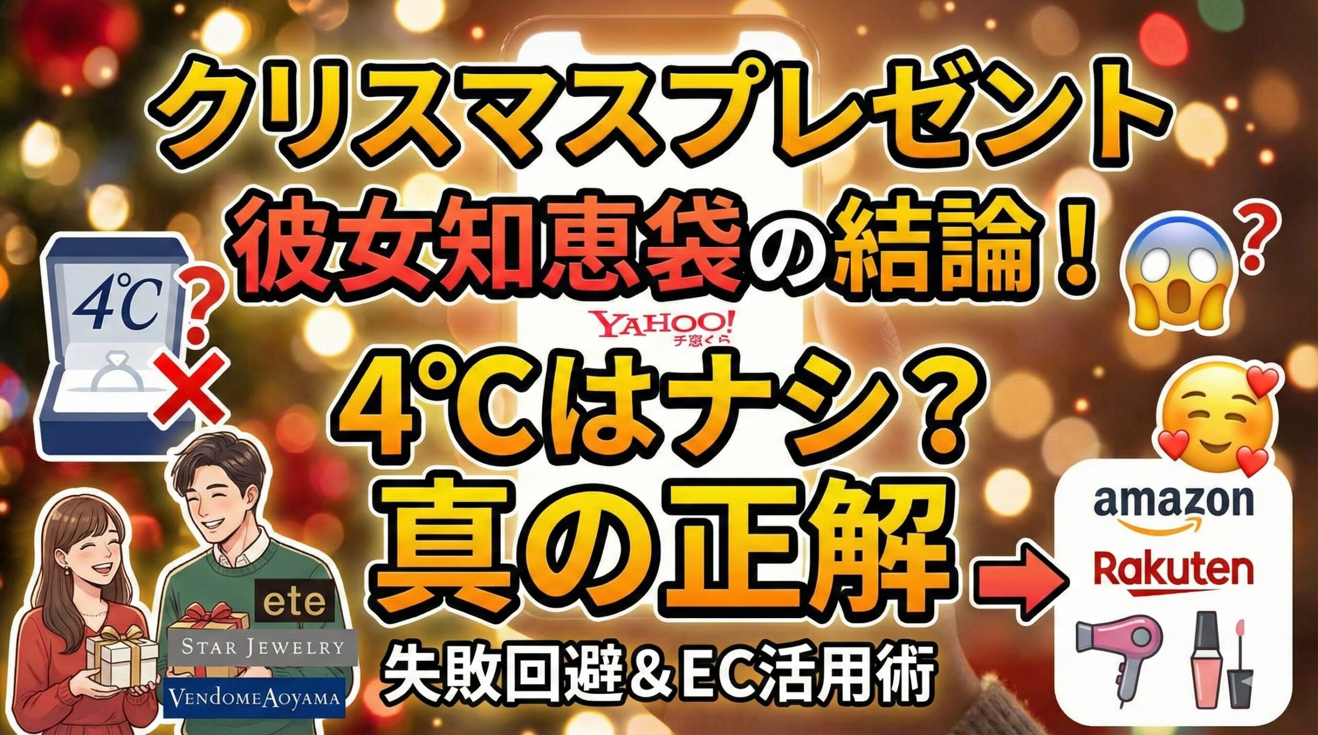 クリスマスプレゼント彼女知恵袋の結論！4℃はナシ？真の正解。失敗回避＆EC活用術。知恵袋の画面、4℃のジュエリーにバツ印、推奨ブランド（ete, Star Jewelry, Vendome Aoyama）の箱を持つカップル、Amazonと楽天のロゴとドライヤー、コスメのイラストが描かれたサムネイル画像