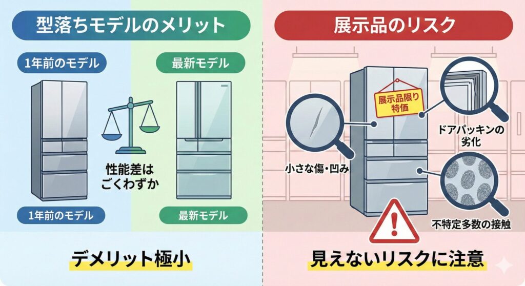 冷蔵庫の「型落ちモデルのメリット」と「展示品のリスク」を比較した図解イラスト。左側は「性能差はごくわずか」で「デメリット極小」な1年前のモデルと最新モデルを天秤で表現。右側は「展示品のリスク」として、小さな傷・凹み、ドアパッキンの劣化、不特定多数の接触といった「見えないリスクに注意」が必要であることを虫眼鏡と注意マークで強調している。