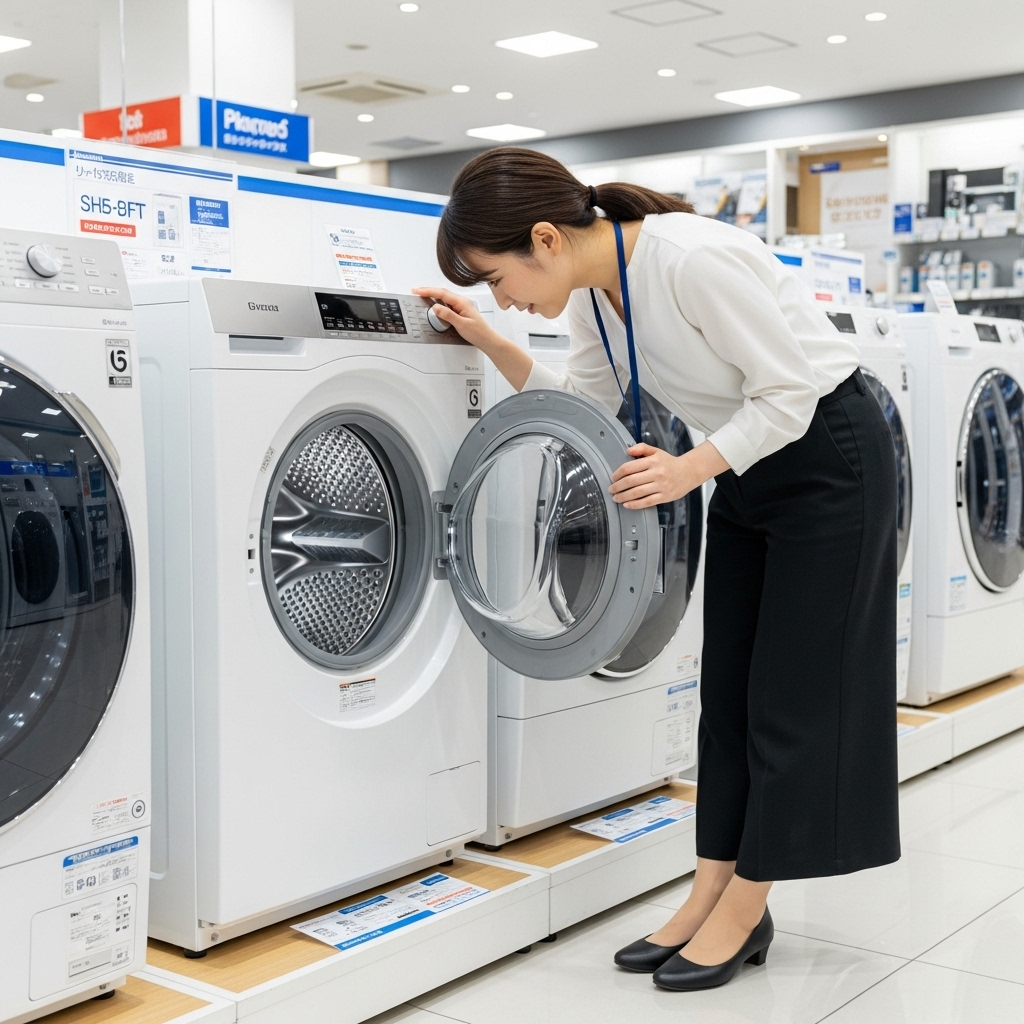 明るい家電量販店の売り場で、最新のドラム式洗濯機の中を覗き込んでいる日本人女性の写真。