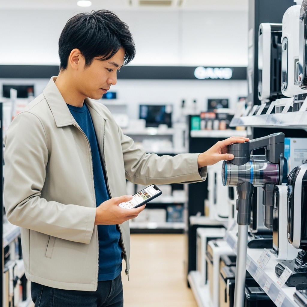 家電量販店で実物の商品を触りながら、もう片方の手でスマートフォンを持って価格を比較している日本人の写真。