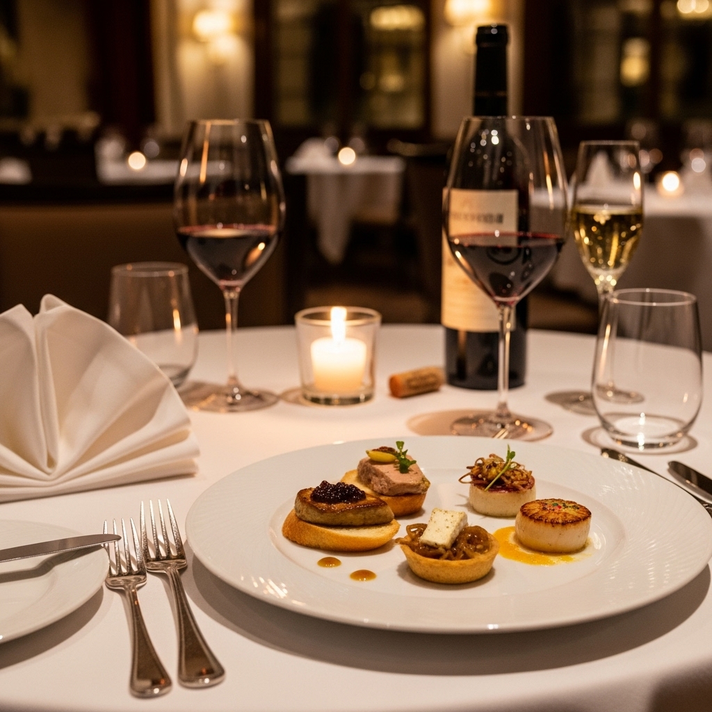 レストランでのディナーコース料理とキャンドルの灯り