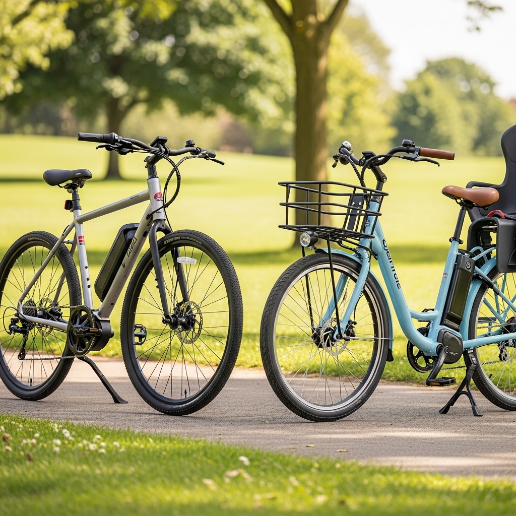 スポーティな電動クロスバイクと子供乗せ電動自転車が並んでいる様子、メーカーや車種による機能の違いを比較