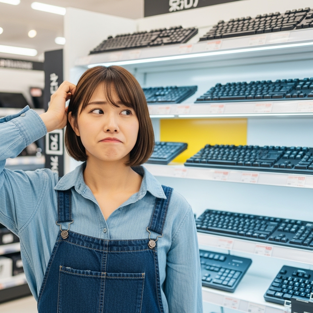 家電量販店のキーボード売り場で目当ての商品がなく困っている日本人