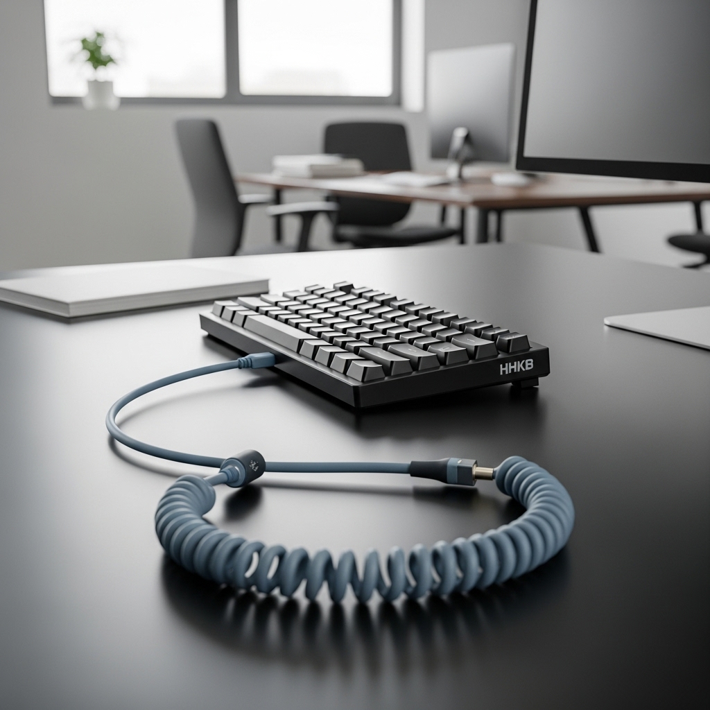 オフィスのデスクでHHKBを使用している様子。パステルカラーやメカニカルなデザインの「コイルケーブル(カールコード)」が接続されており、デスク周りがおしゃれに演出されている。