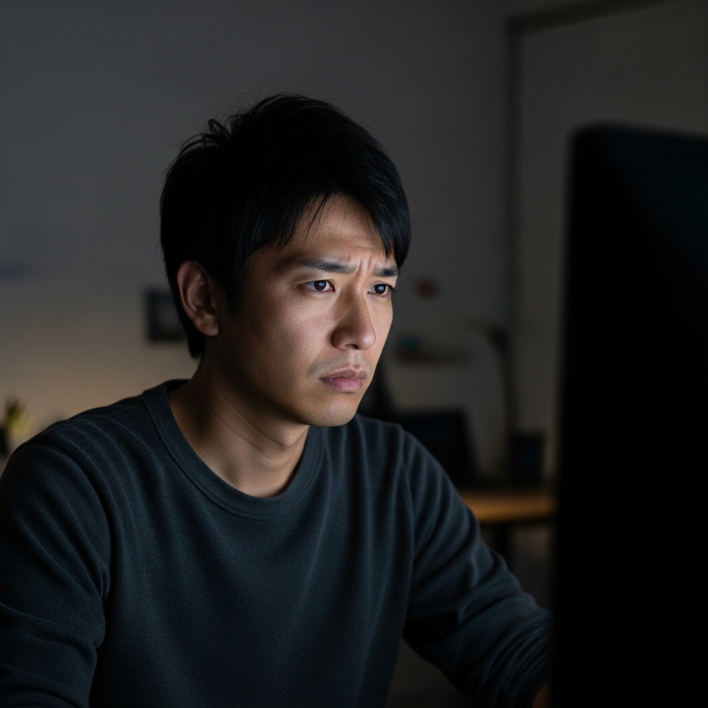 ネットショッピング中にパソコン画面を見て困惑する日本人