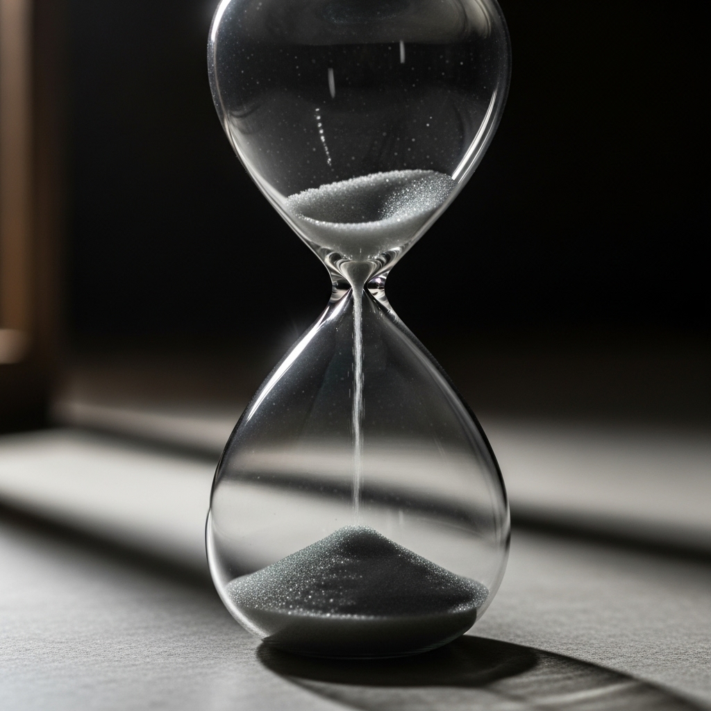 砂時計の砂が落ちていく様子を見つめ、期限が迫る焦りを感じている雰囲気のイメージ画像