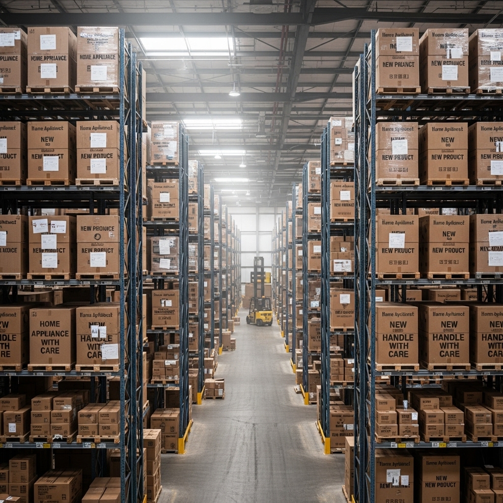 広大な倉庫の中で、未開封の家電製品の段ボール箱が整然と山積みされている様子の写真。