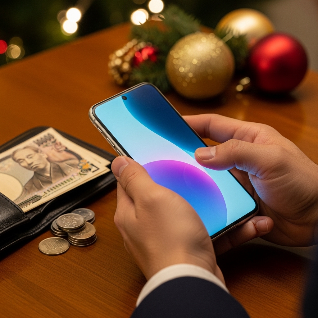 クリスマスプレゼントの予算をスマホで計算する日本人男性の手元