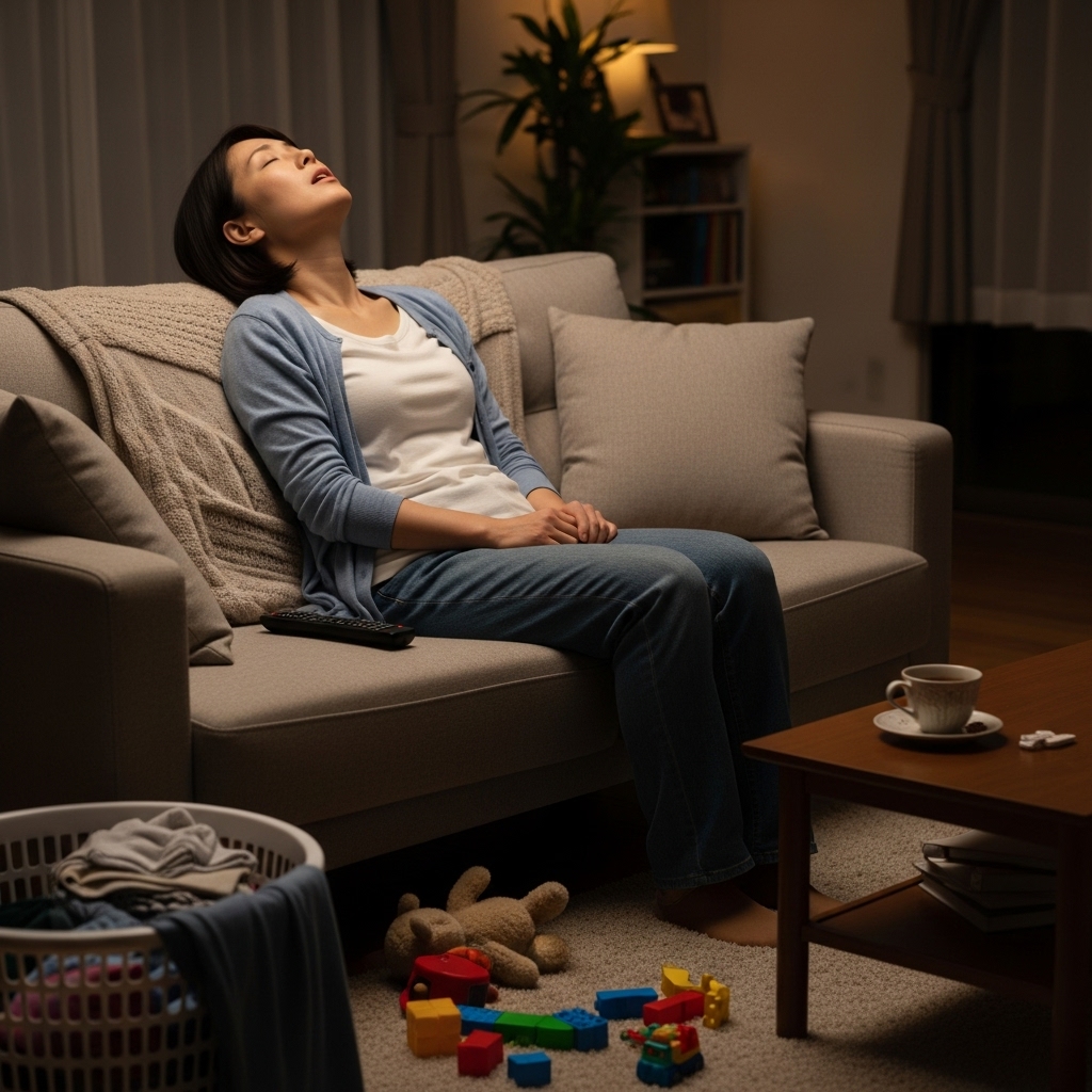 リビングで疲れ果ててソファに座る日本人女性と散らかった部屋のイメージ