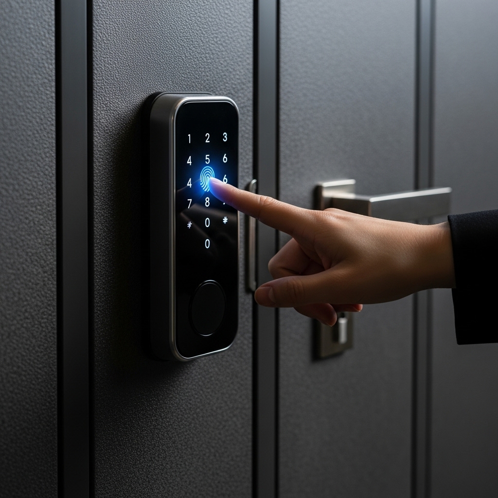 玄関のスマートロックを指紋認証で解錠する様子、鍵を持たない便利さ