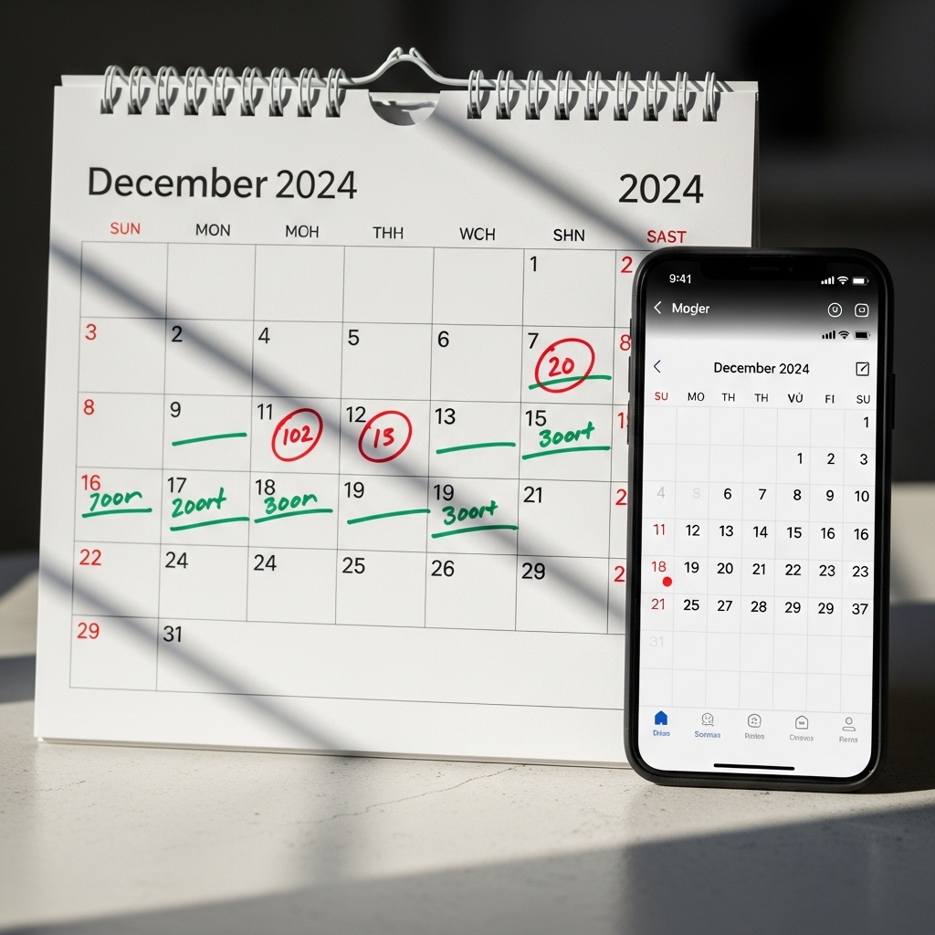 12月のカレンダーと、スケジュール管理アプリが表示されたスマートフォンが並んでいる写真。セール期間を示すような視覚的な印がついている。