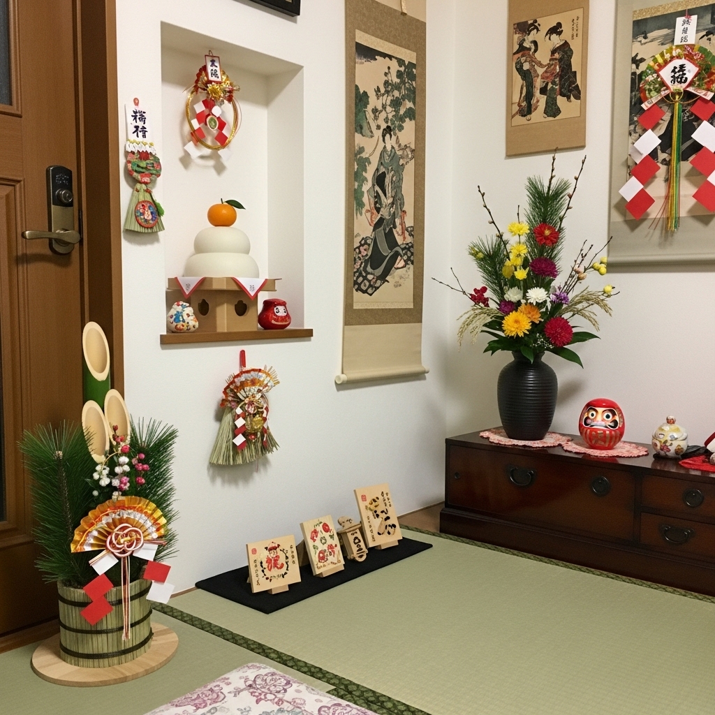 お正月の飾りが施された部屋で、日本人が期待に満ちた表情で何かを待っている雰囲気の写真。