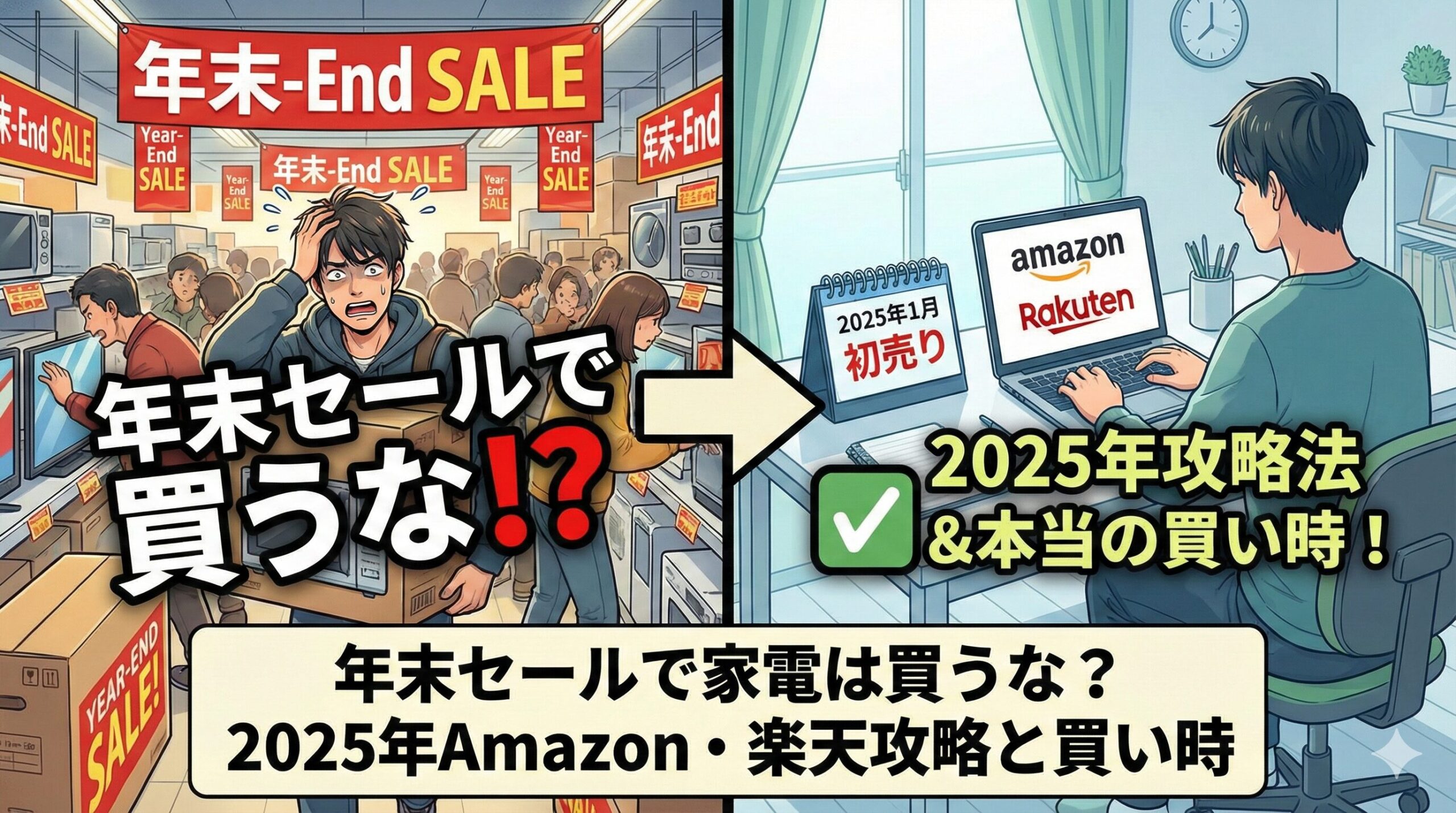 2025年の家電購入戦略を解説するブログ記事のアイキャッチ画像。左側は混雑した家電量販店で「年末セールで買うな！？」と困惑する男性のイラスト。右側は自宅で「Amazon」「Rakuten」のロゴが表示されたPCを見ながら、カレンダーの「2025年1月 初売り」を指し「2025年攻略法＆本当の買い時！」と納得する男性のイラスト。中央下部に記事タイトル「年末セールで家電は買うな？2025年Amazon・楽天攻略と買い時」が表示されている。
