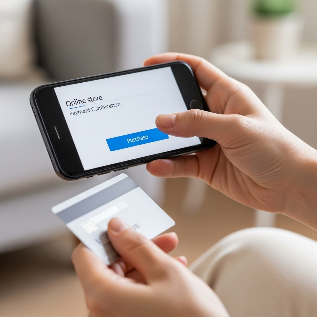 日本人がスマートフォンとクレジットカードを手に持ち、オンラインショッピングの決済を完了しようとしている手元のクローズアップ写真。