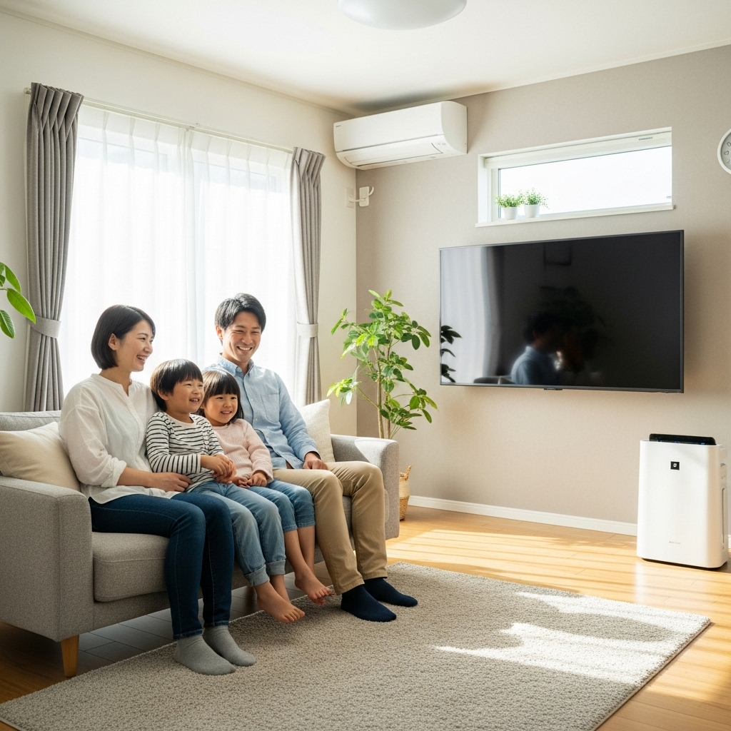 新しい家電製品が設置された快適なリビングルームで、日本人家族が笑顔でくつろいでいる写真。