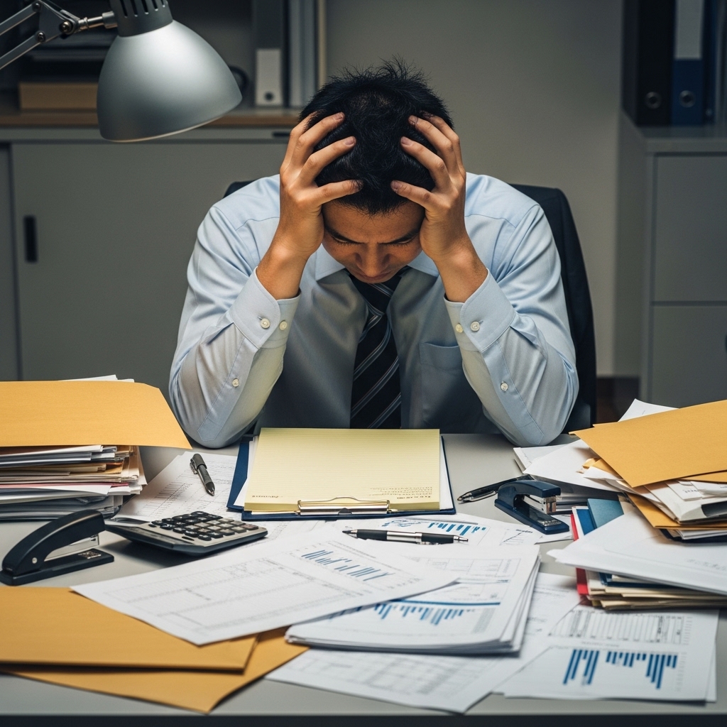 机の上に散乱した大量の書類と計算機にうんざりし、頭を抱えている日本人男性