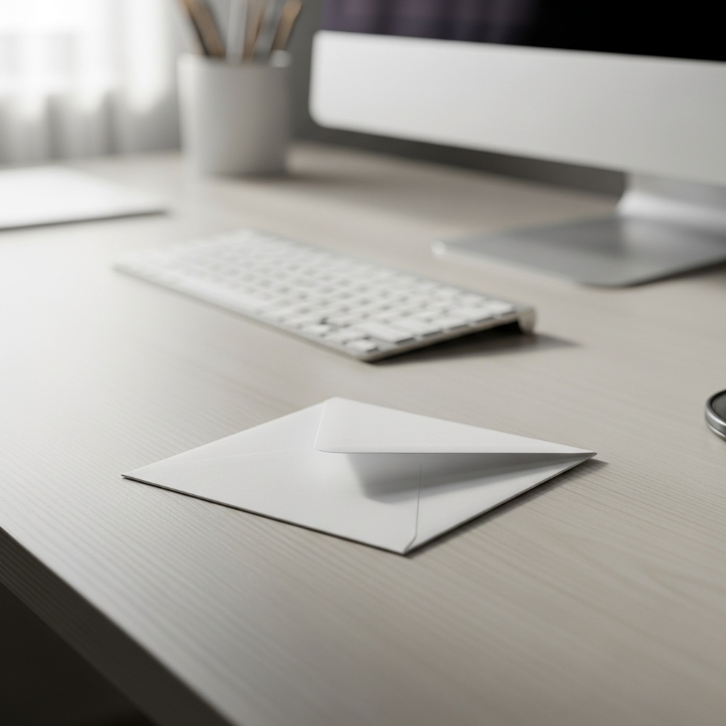 書斎のデスクの上にポツンと置かれた一通の封筒。手続きのシンプルさを象徴するイメージ