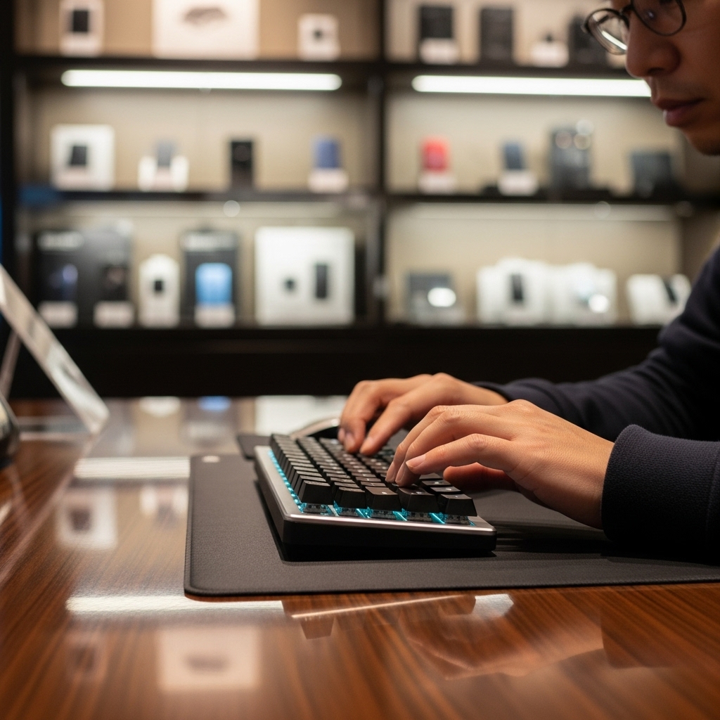 おしゃれな専門店で高級キーボードを試打している日本人