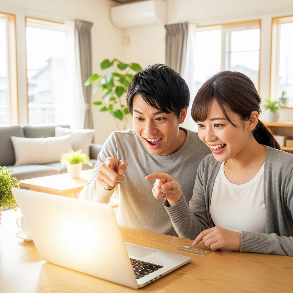 自宅のリビングでノートパソコンを開き、ふるさと納税サイトでお得なポイント還元を確認して喜ぶ日本人夫婦