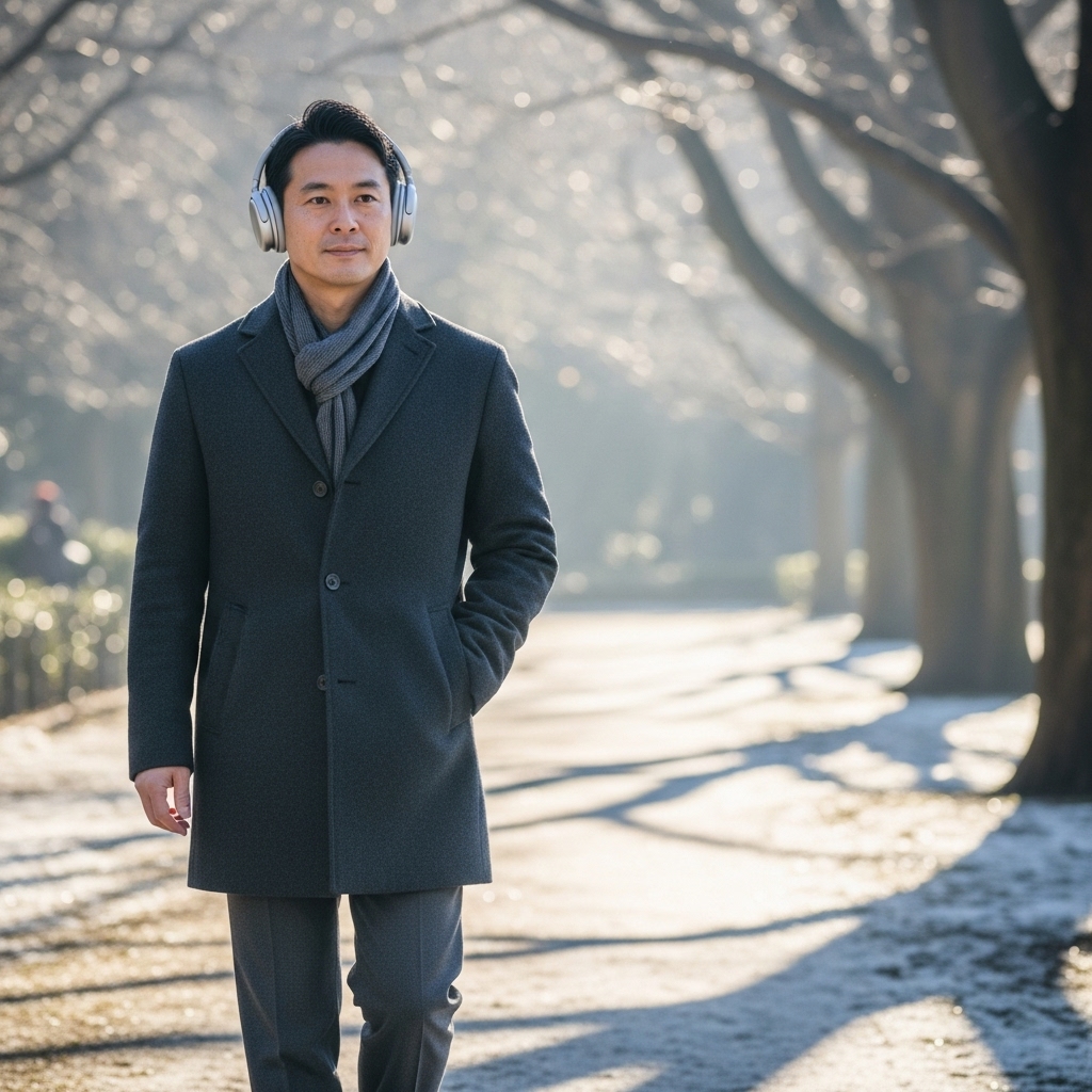 ヘッドホンをしてオーディオブックを聴きながら散歩する40代日本人男性