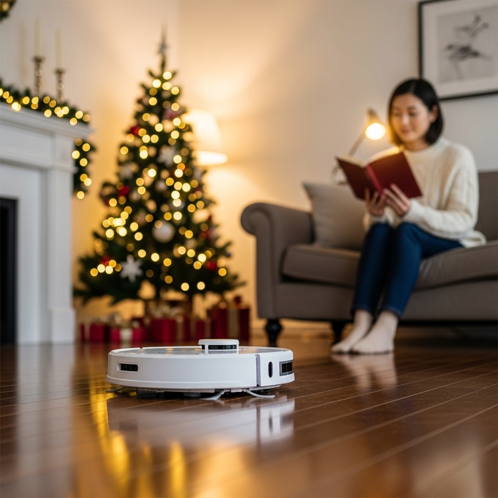 ロボット掃除機が床を掃除している間にソファで読書をしてくつろぐ日本人女性