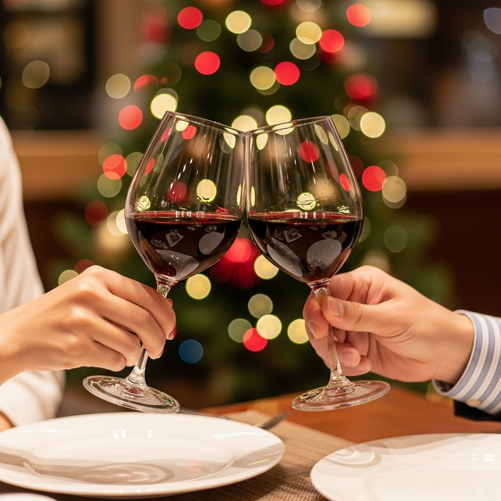 クリスマスにレストランで乾杯する日本人カップルの手元、体験ギフト