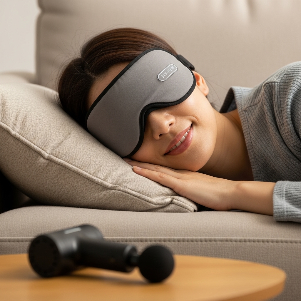 充電式ホットアイマスクを装着してソファで深くリラックスしている30代日本人と、手元のマッサージガン