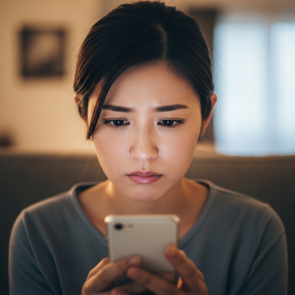 スマートフォンを見ながら、ネット上のふるさと納税批判の意見に共感し、渋い顔をしている日本人女性