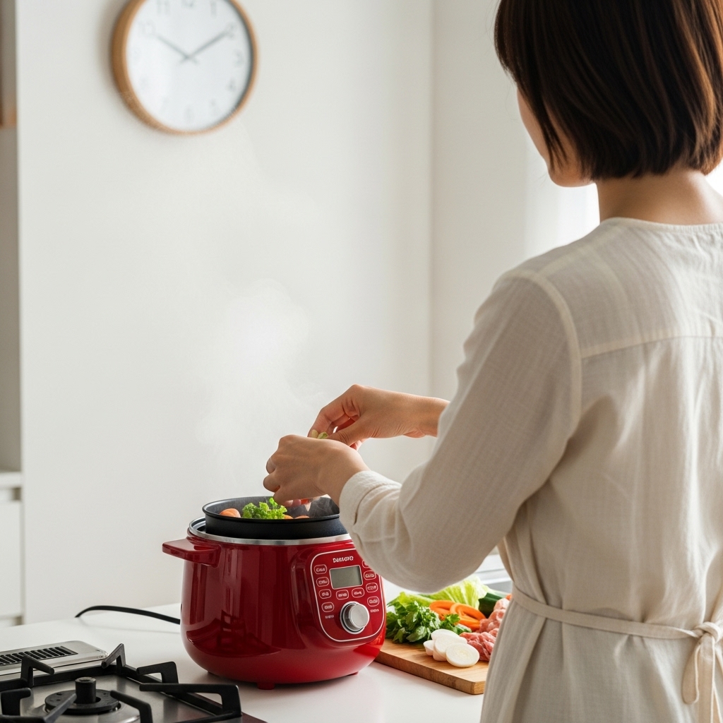 自動調理鍋に材料を入れる日本人女性と時計のイメージ