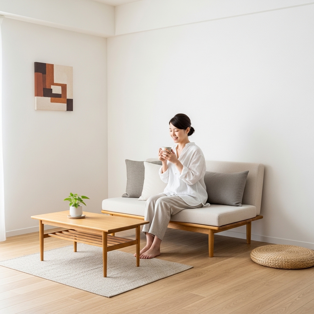 ミニマリスト風の整った部屋でコーヒーを飲む日本人女性