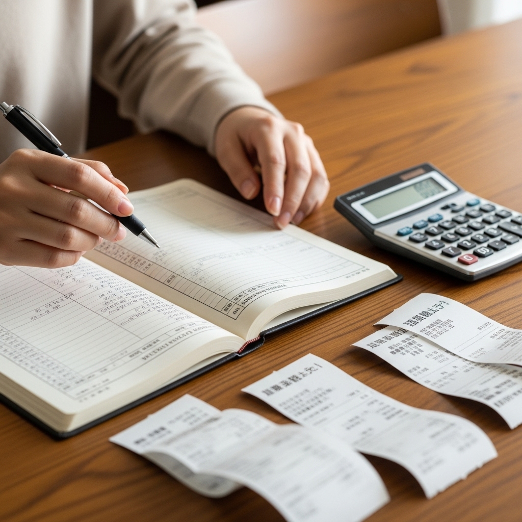 家計簿と電卓を見ながら考える日本人女性の手元