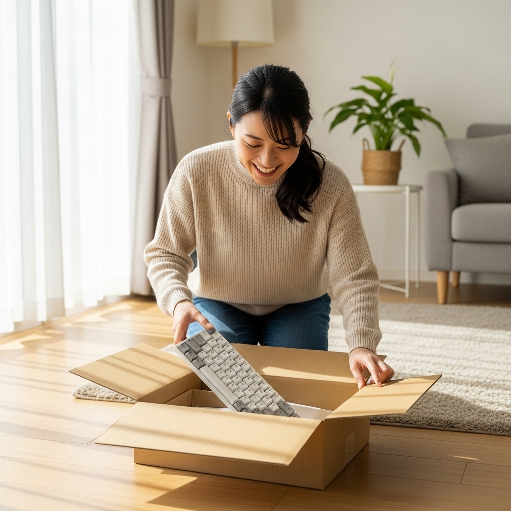 自宅に届いた配送ボックスを開封してキーボードを取り出す日本人