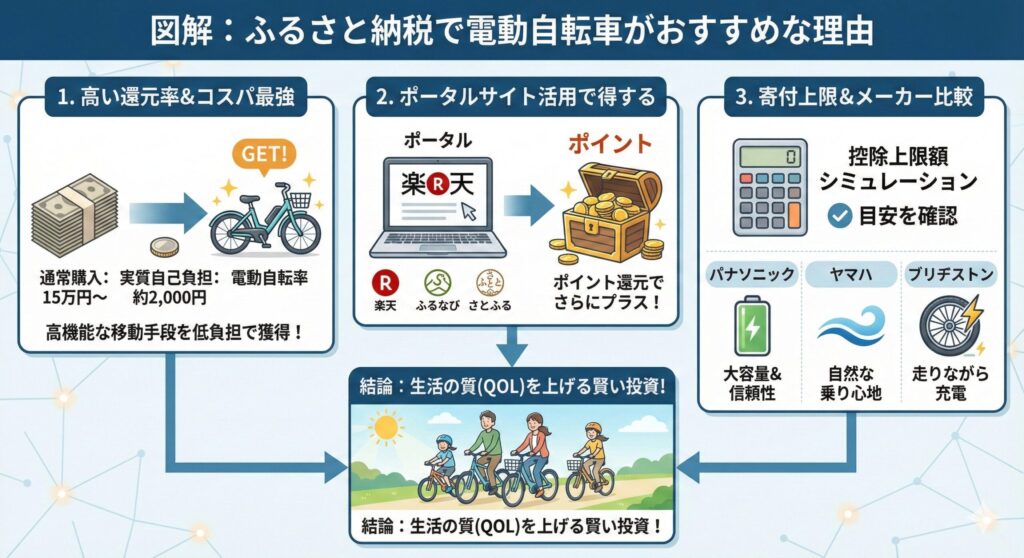図解：ふるさと納税で電動自転車がおすすめな理由のインフォグラフィック。1.高い還元率＆コスパ最強（実質自己負担約2,000円）、2.ポータルサイト活用で得する（楽天などでポイント還元）、3.寄付上限＆メーカー比較（パナソニック・ヤマハ・ブリヂストンの特徴）の3点を図示し、結論として「生活の質(QOL)を上げる賢い投資！」であると家族のイラスト付きで説明している。